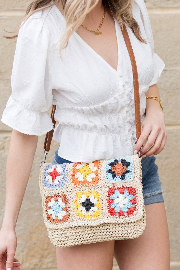Sylvie Foldover Floral Crochet Woven Crossbody Bag - DAME BOHEME