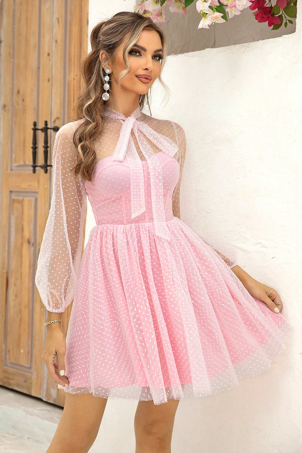 Bow Tie Corset Swiss Dot Mesh Mini Dress Trendsi
