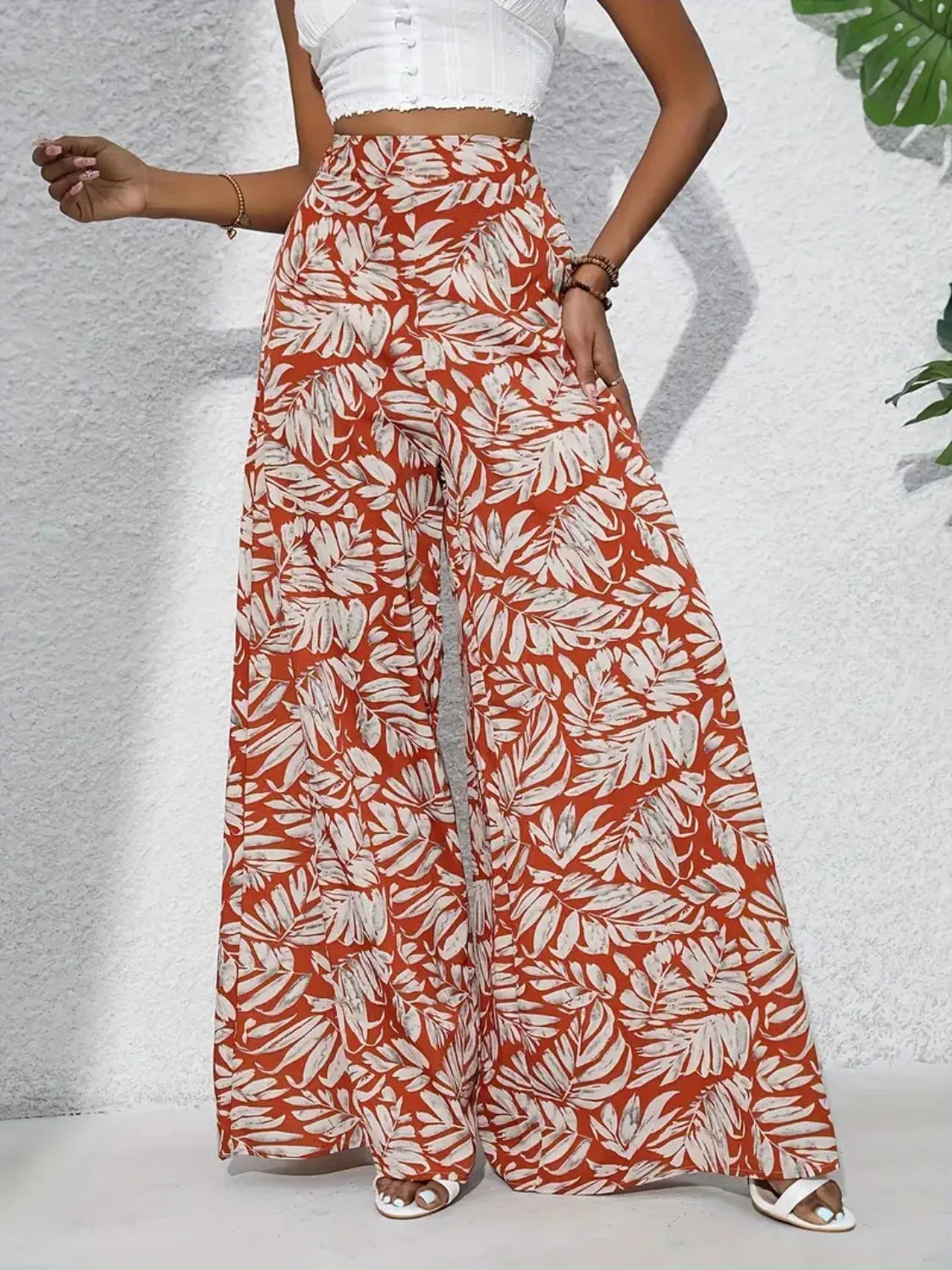Tropical Print High Waist Wide Leg Pants Trendsi