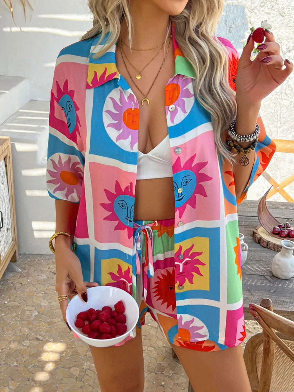 Devine Tropical Print Button-Down Shirt and Shorts Set Trendsi