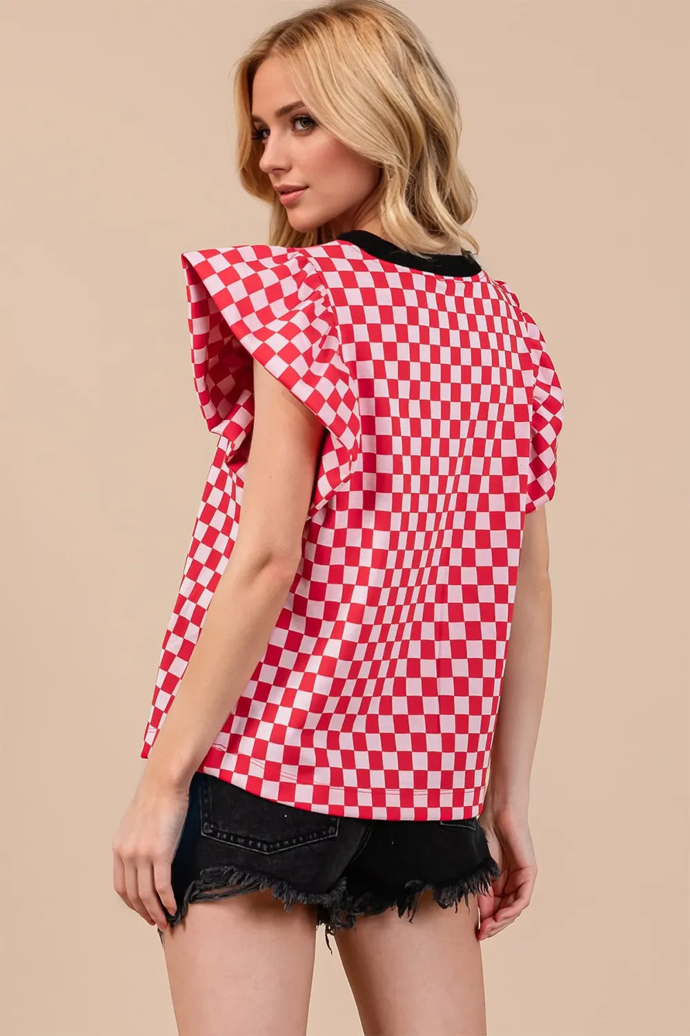 Oh Checkered Round Neck Puff Sleeve Blouse DAME BOHEME