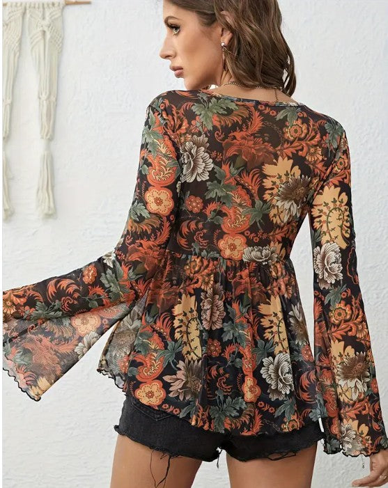 Western Printed Bell Sleeve Blouse DAME BOHEME