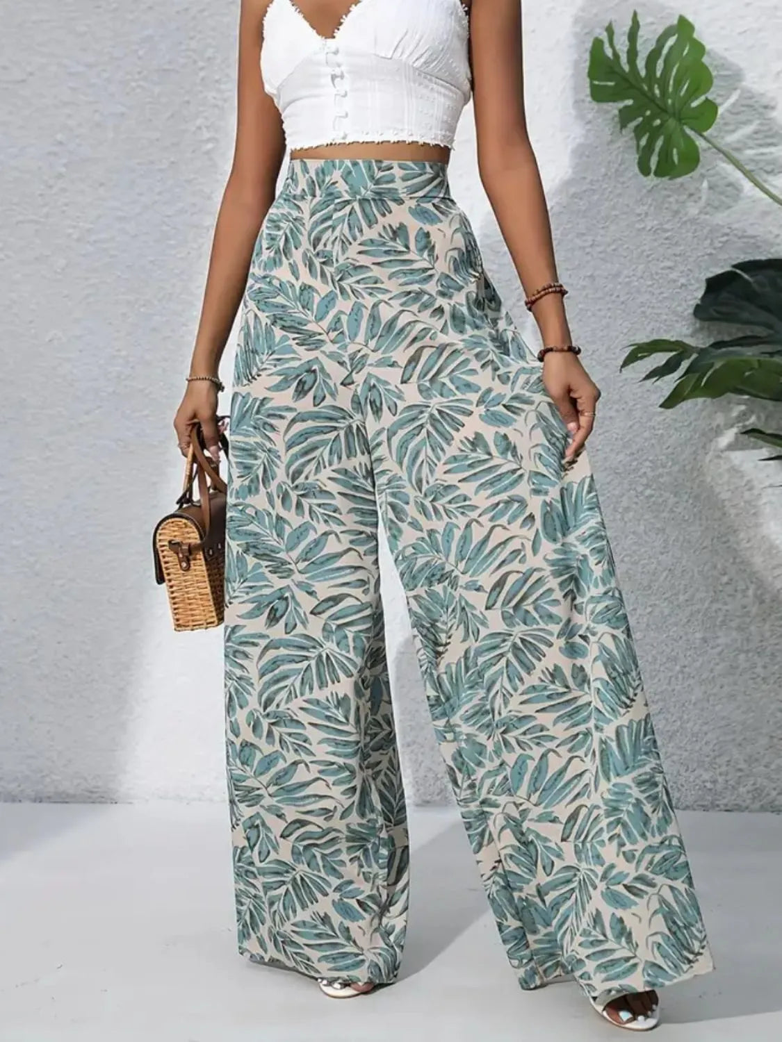 Tropical Print High Waist Wide Leg Pants Trendsi