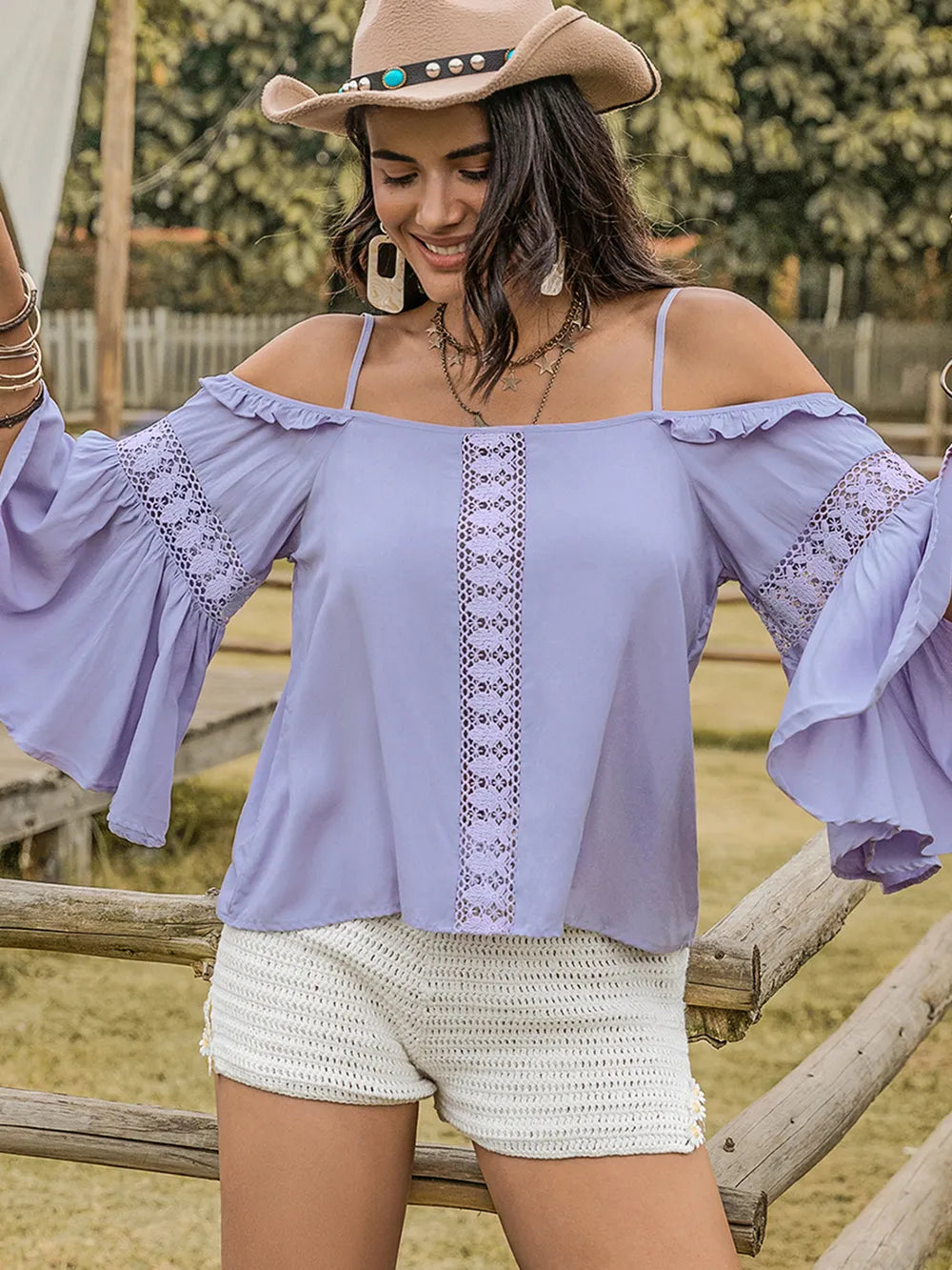 Square Neck Flare Sleeve Blouse with Lace Detail & Ruffles Trendsi