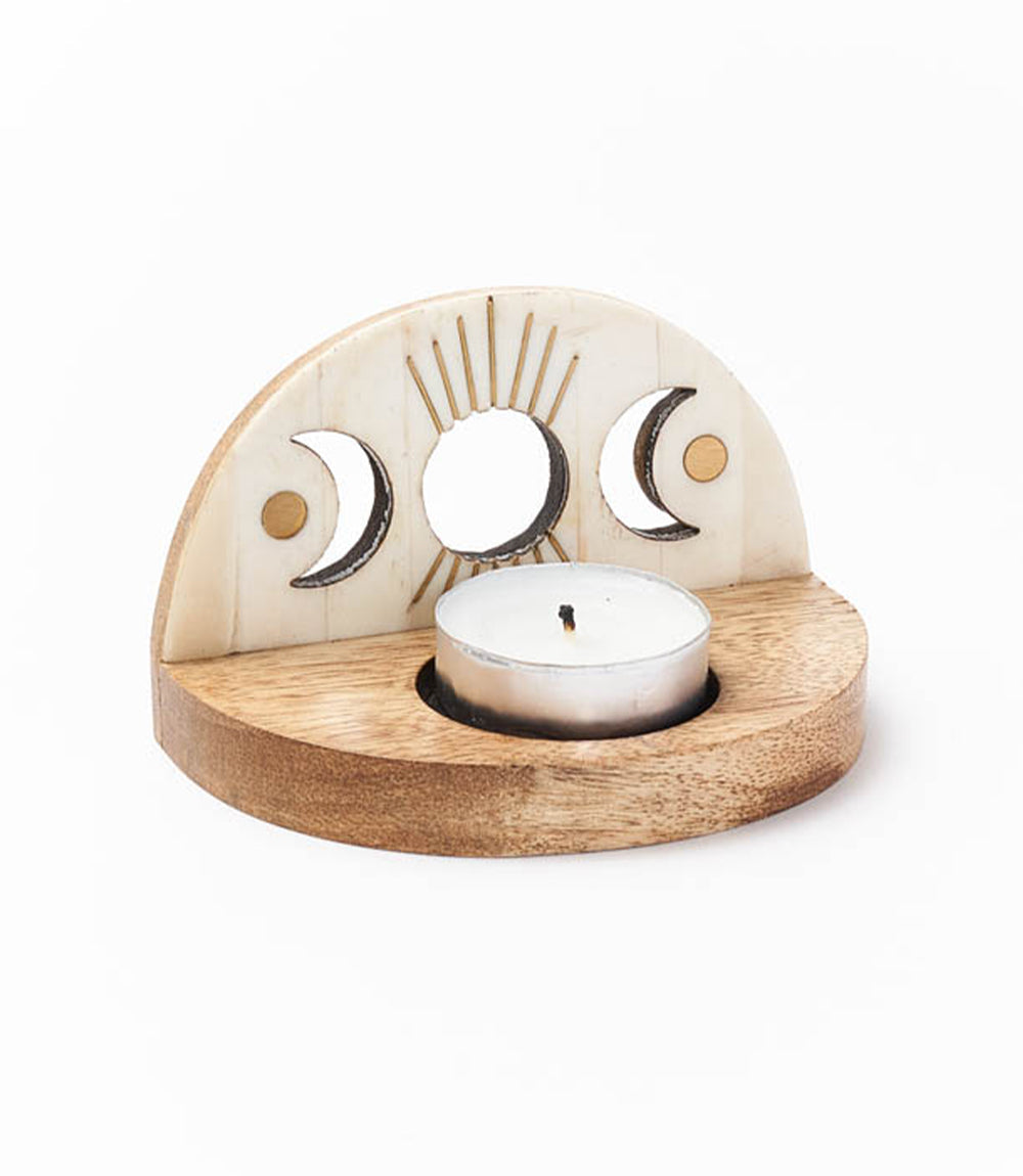Indukala Moon Phase Tealight Candle Holder - Carved Bone Wood DAME BOHEME