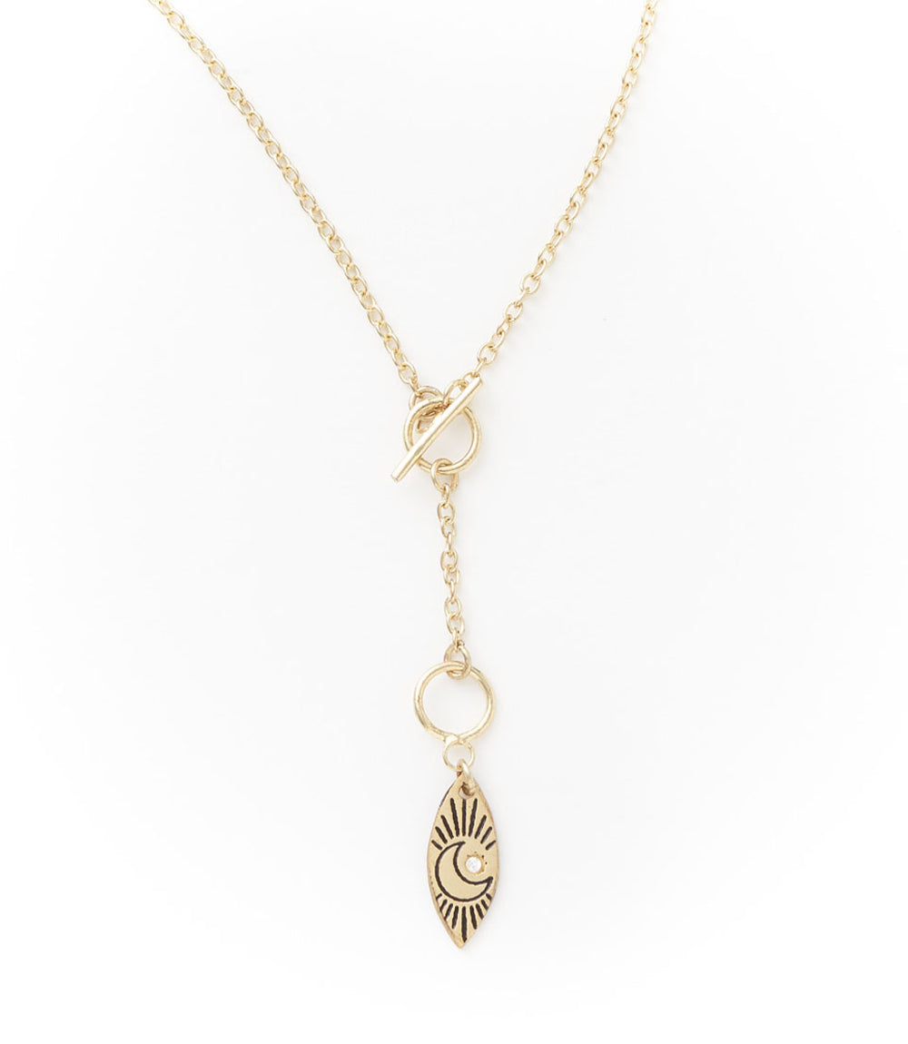 Ruchi Crescent Moon Charm Gold Dainty Drop Lariat Necklace DAME BOHEME