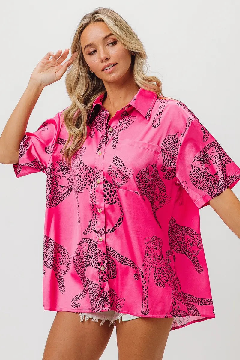 BiBi Leopard Print Short Sleeve Silky Satin Shirt Trendsi