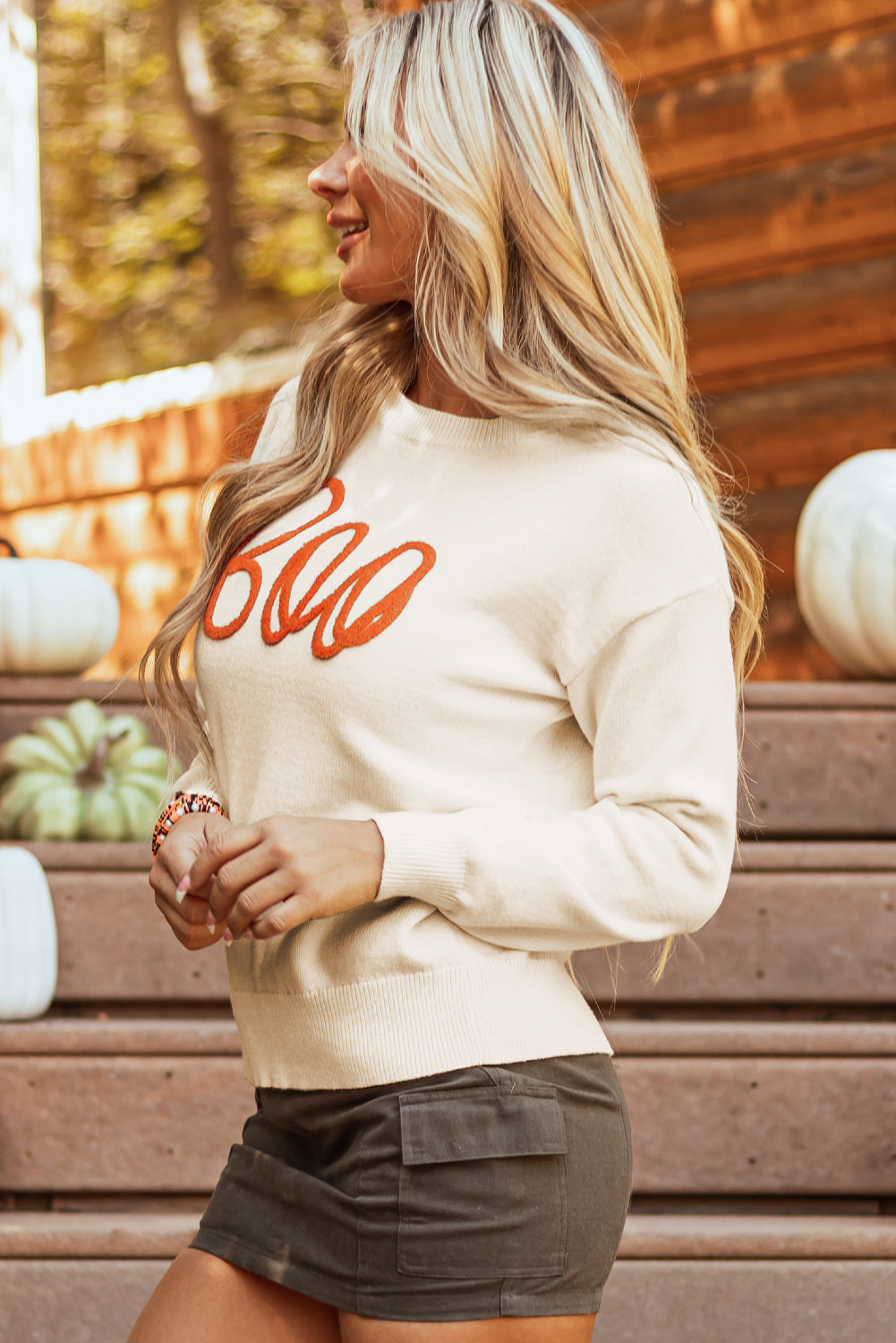 Boo Knitted Pattern Ribbed Edge Sweater DAME BOHEME