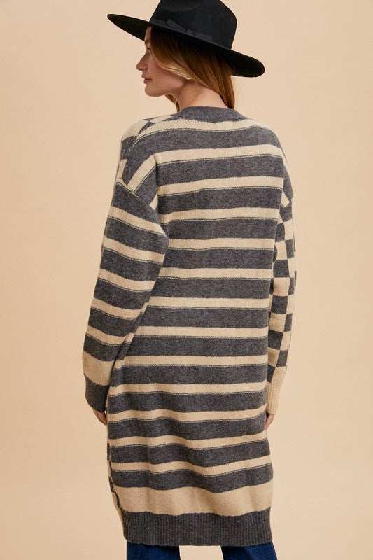 Checkered & Striped Open Front Long Sleeve Cardigan Trendsi