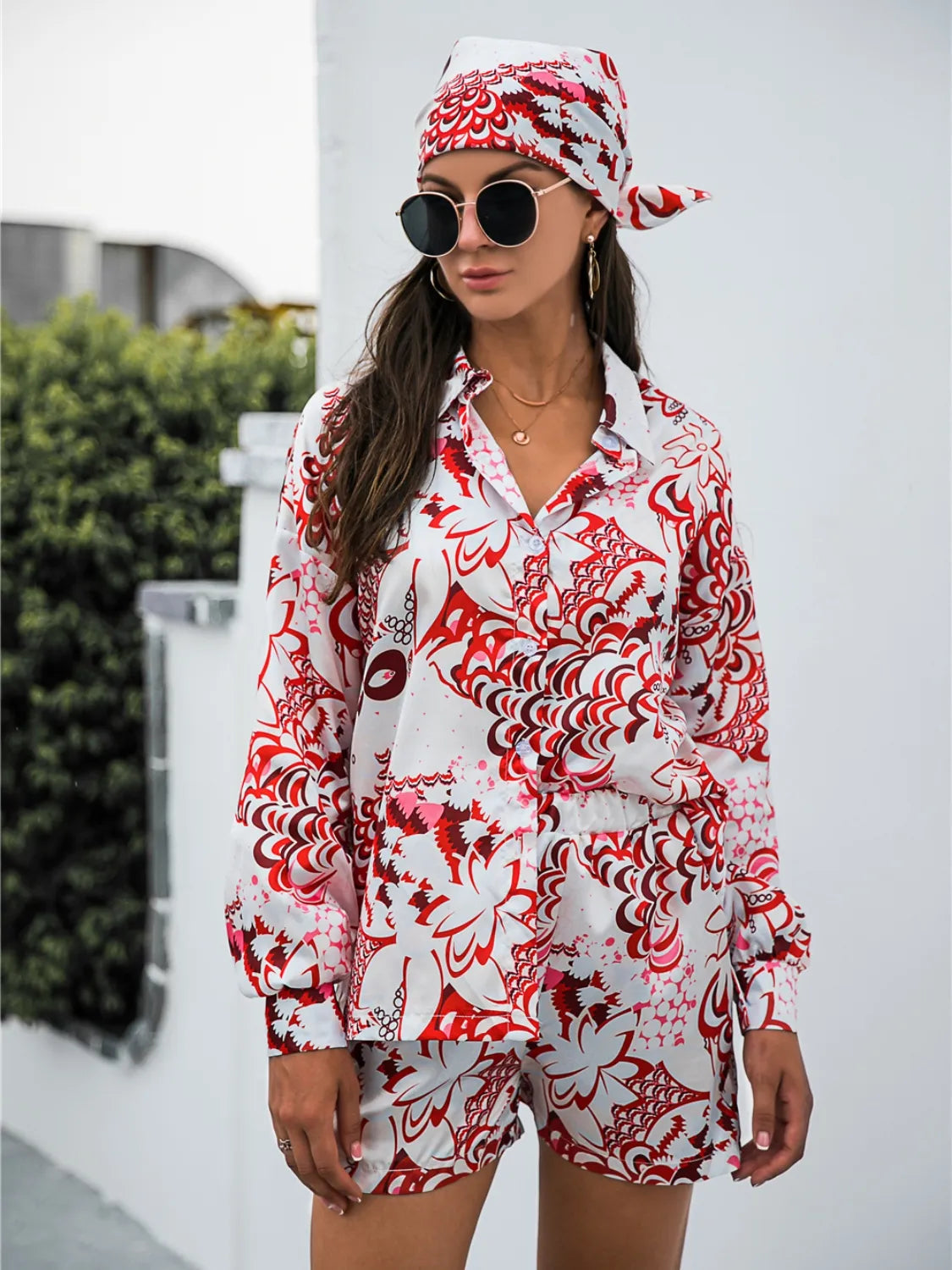 Printed Button Up Long Sleeve Shirt and Shorts 3 Pc Set Trendsi