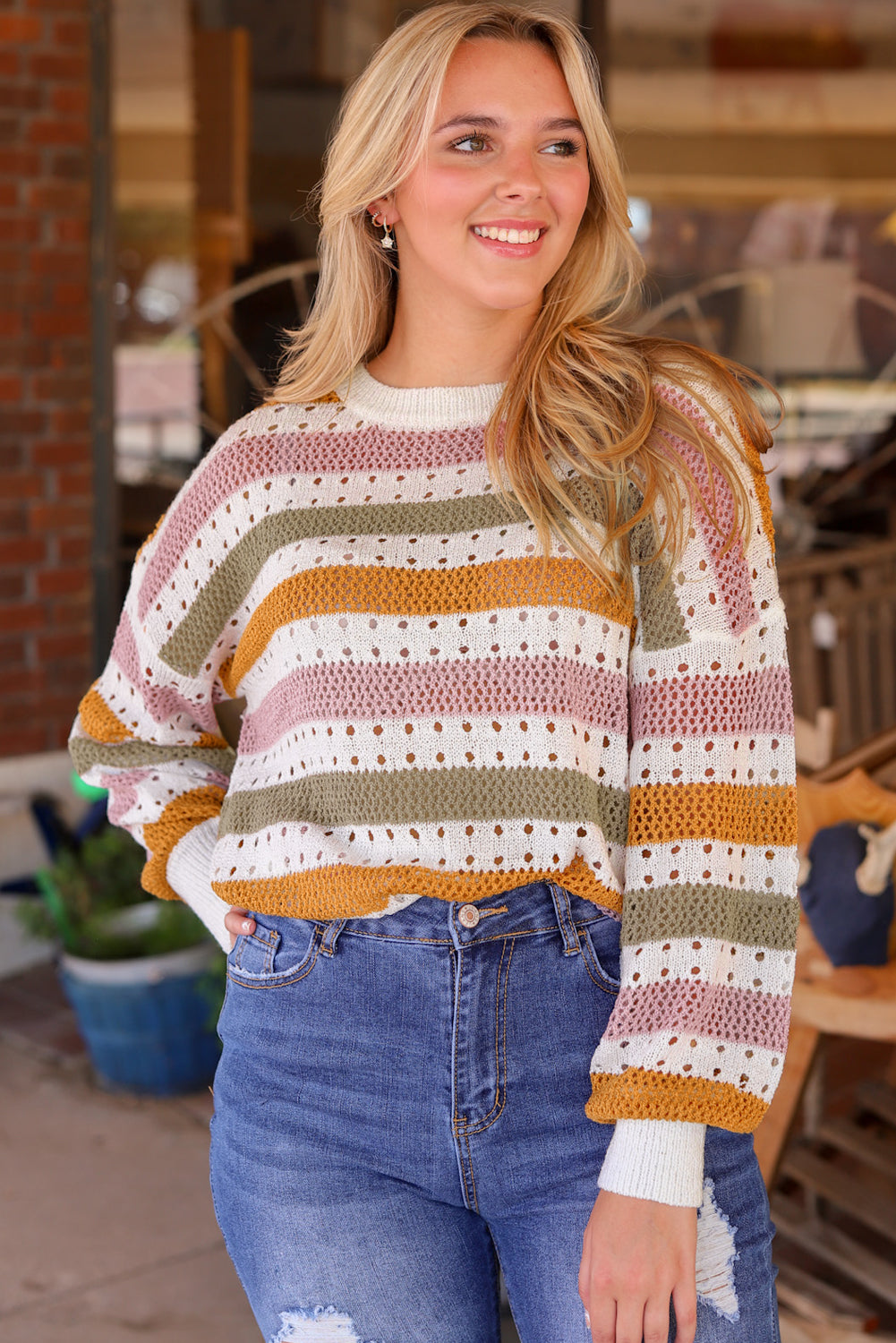 Caroline Striped Hollowed Knitted Loose Sweater DAME BOHEME