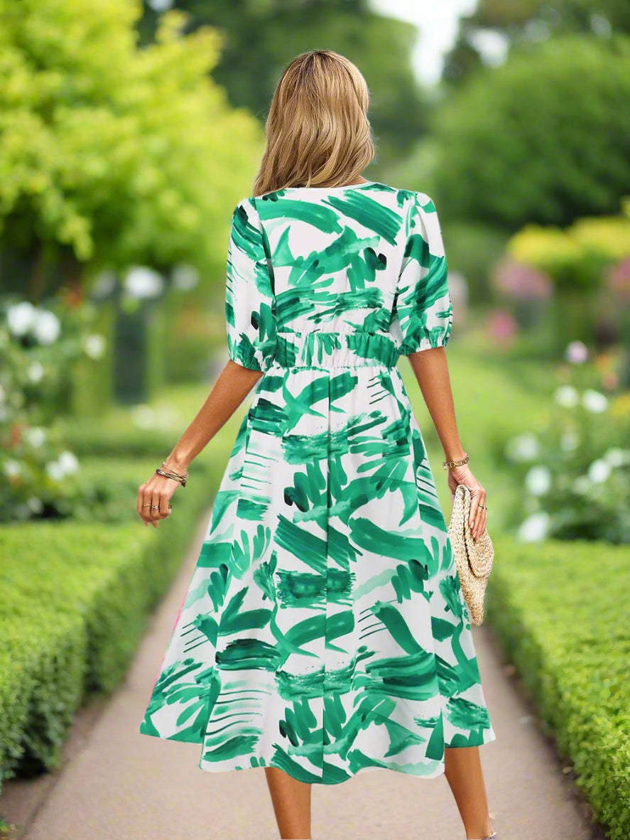 Ruched Roses Surplice Short Sleeve Dress Trendsi