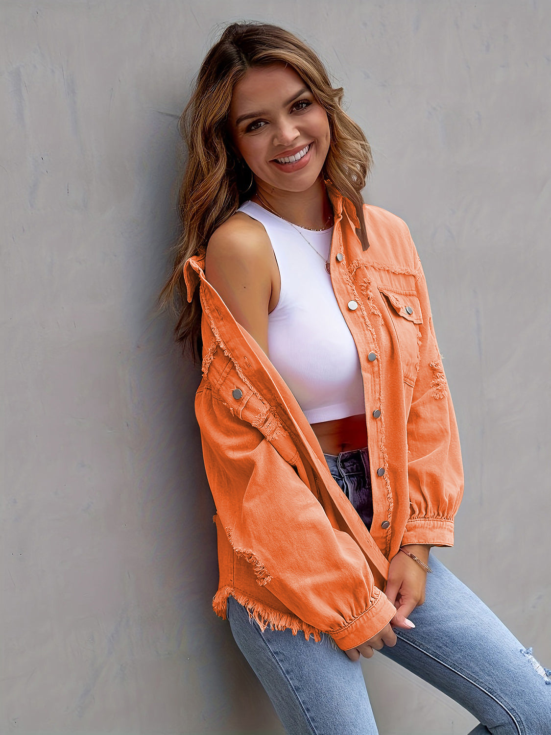 Distressed Drop Shoulder Denim Jacket Plus Size Trendsi