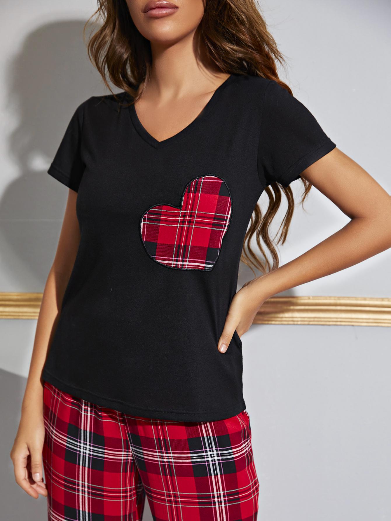 Heart Graphic V-Neck Top and Plaid Pants Lounge Set DAME BOHEME