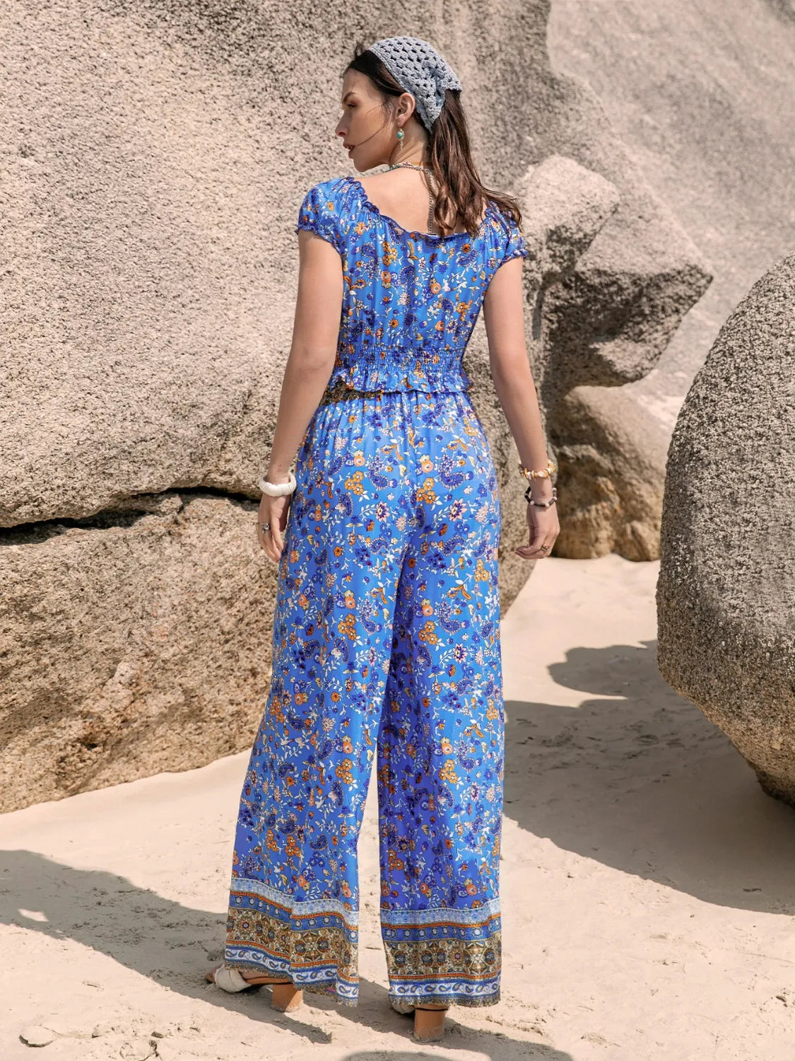 Boho Chic Printed V-Neck Top and Pants Set Trendsi