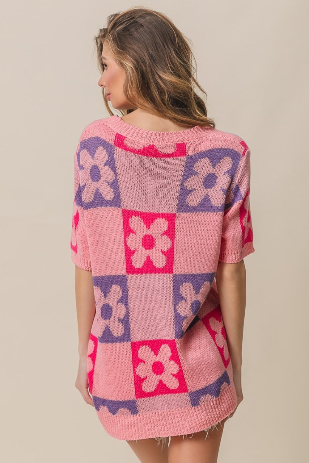 BiBi Flower Checker Pattern Short Sleeve Sweater Trendsi