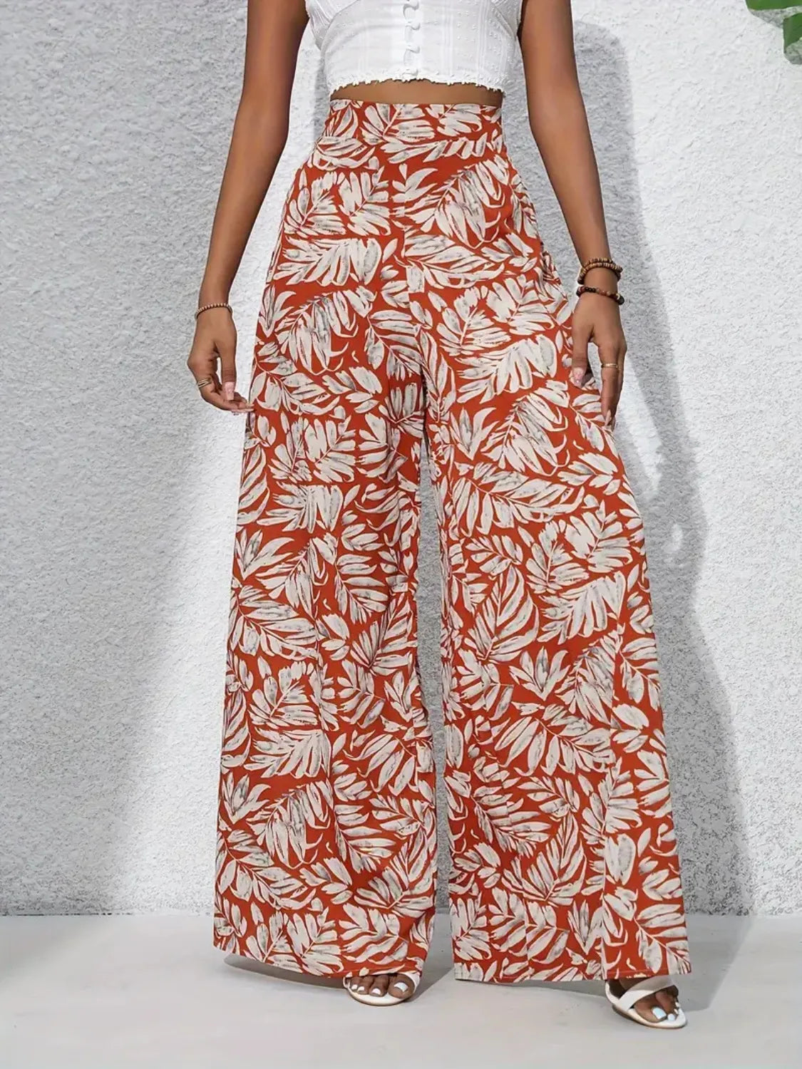 Tropical Print High Waist Wide Leg Pants Trendsi