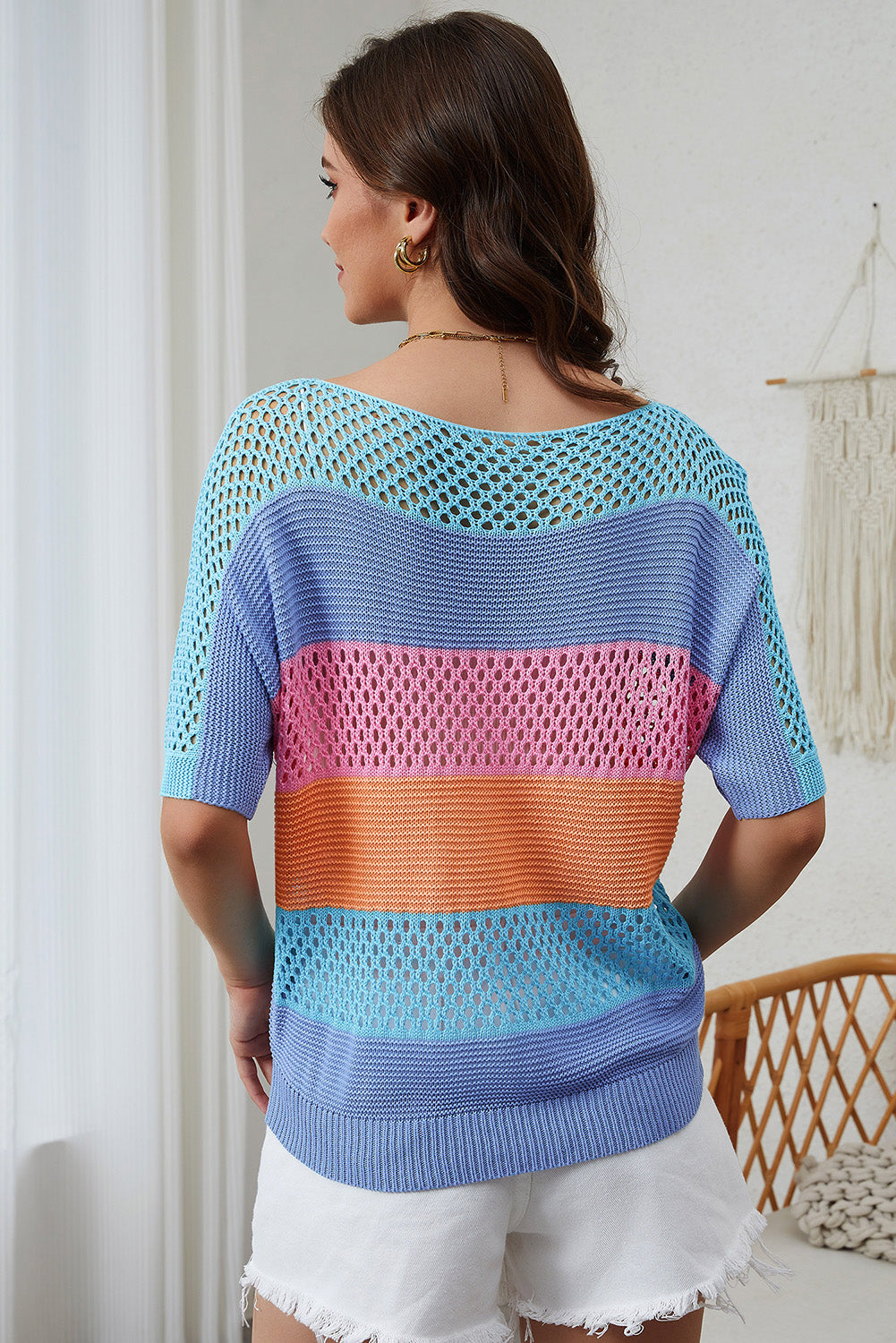 April Knitted Eyelet Colorblock Striped Half Sleeves Top DAME BOHEME