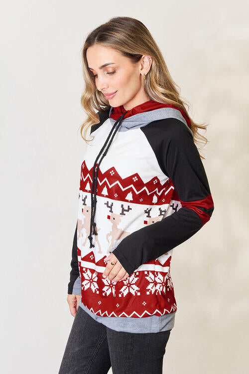 Double Take Full Size Christmas Drawstring Long Sleeve Hoodie DAME BOHEME