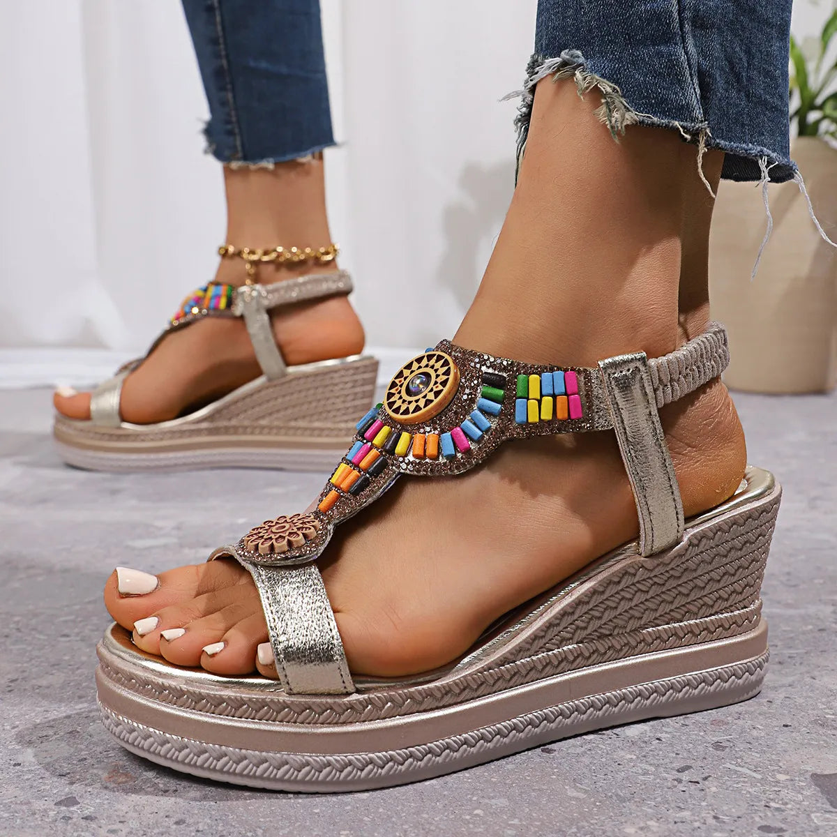 Colorful Open Toe Wedge Sandals Trendsi