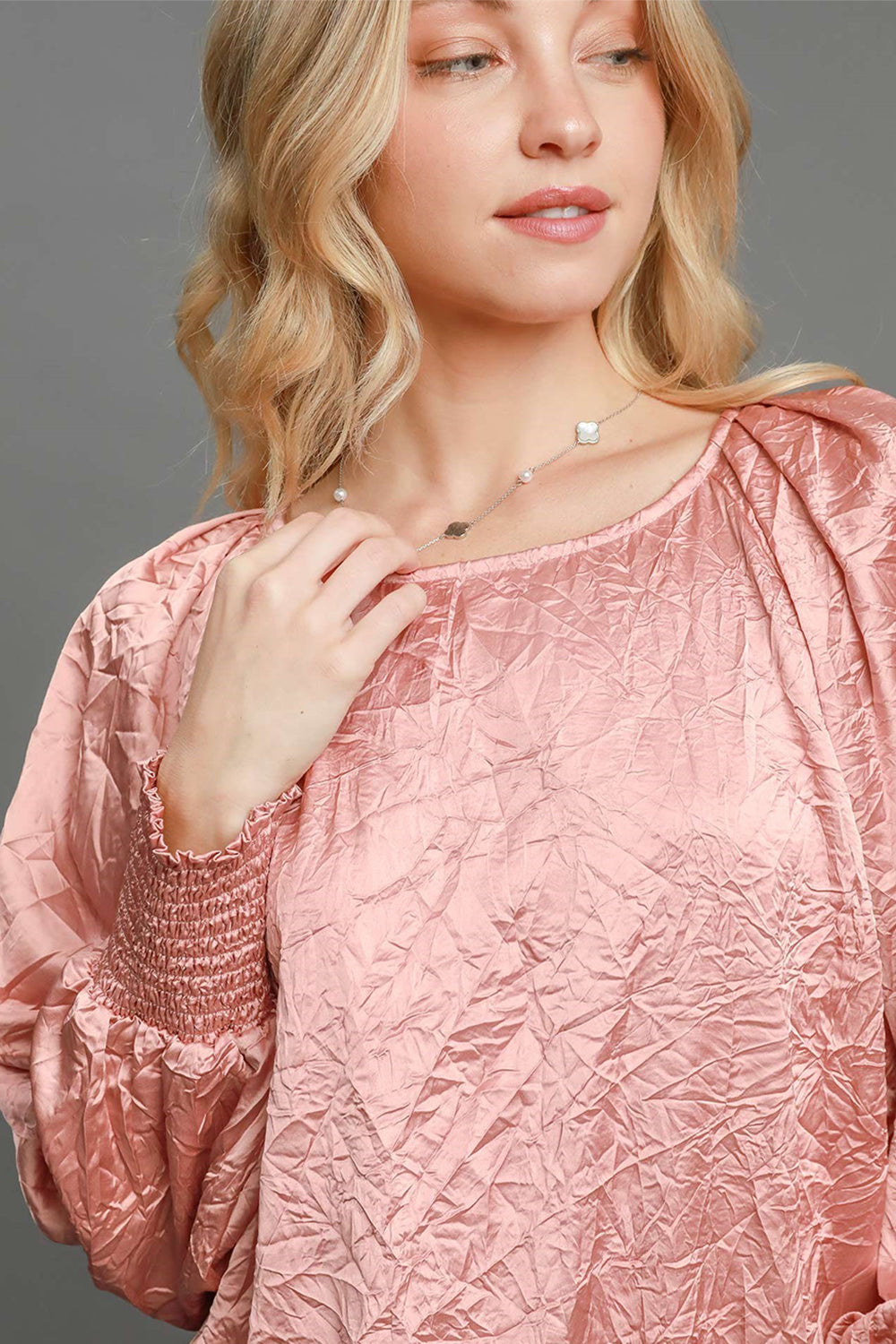 Umgee Wrinkled Round Neck Lantern Sleeve Silky Blouse Trendsi