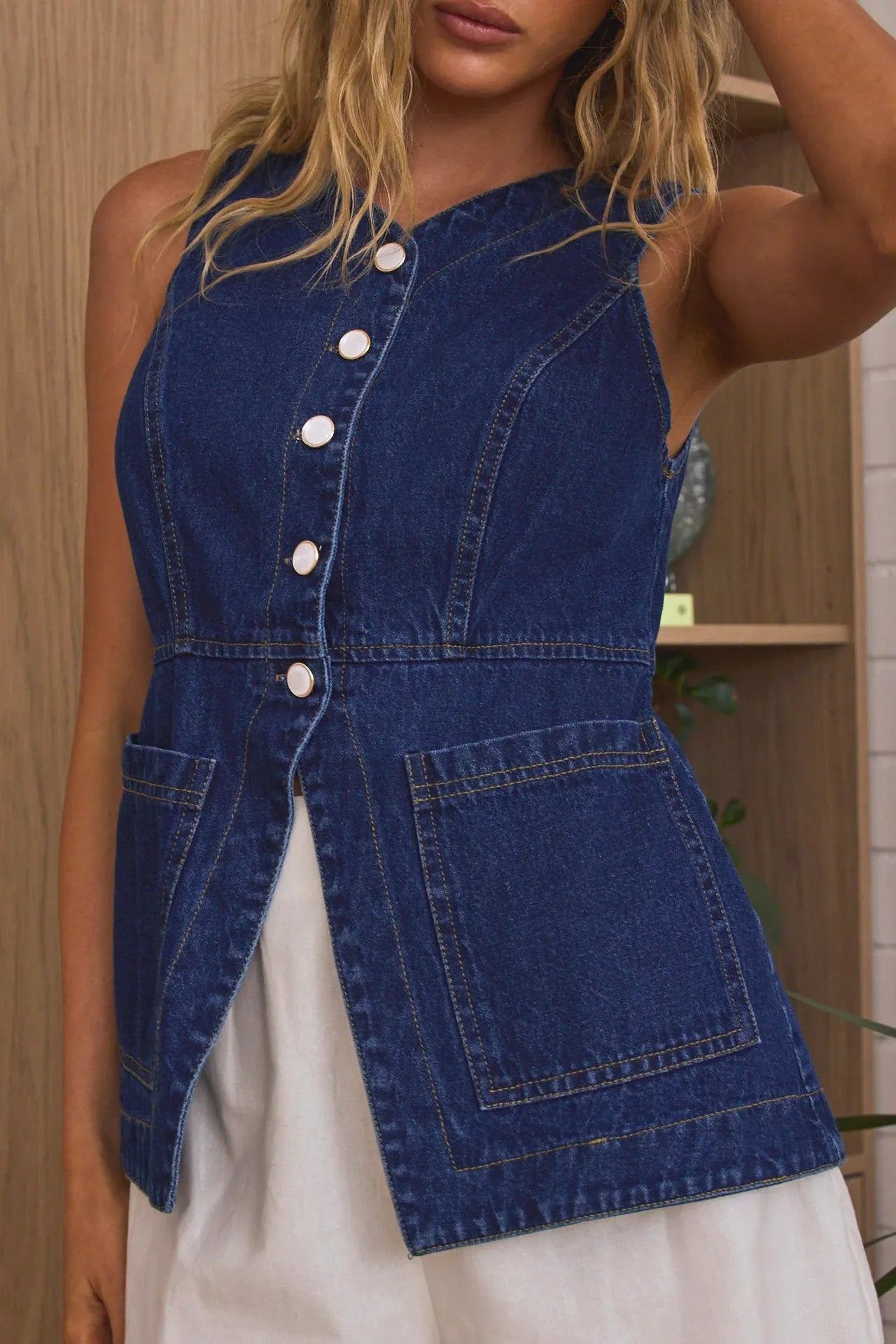 Sleeveless Button-Front Peplum Denim Vest Top Trendsi