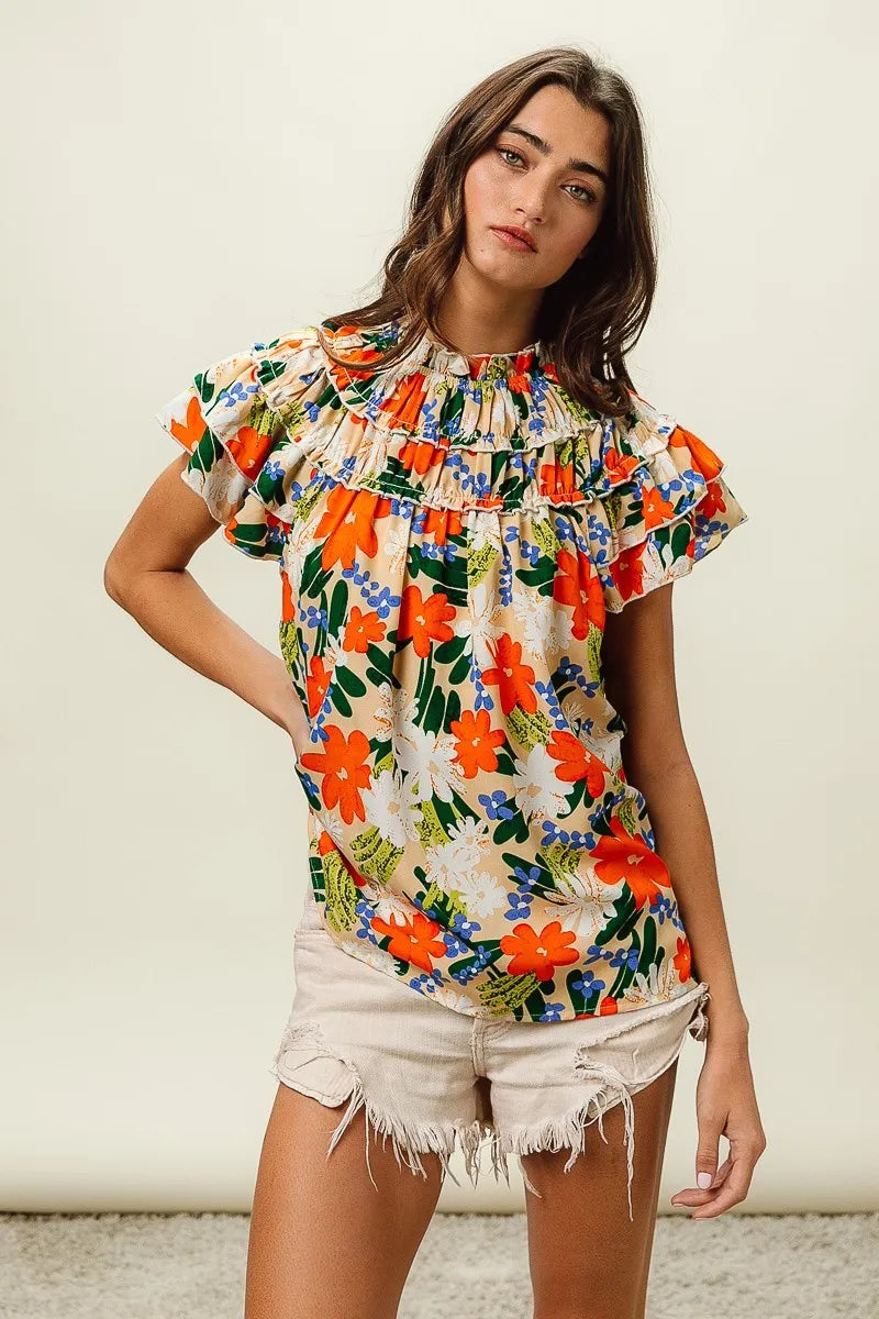 BiBi Multi Color Floral Print Woven Top Trendsi