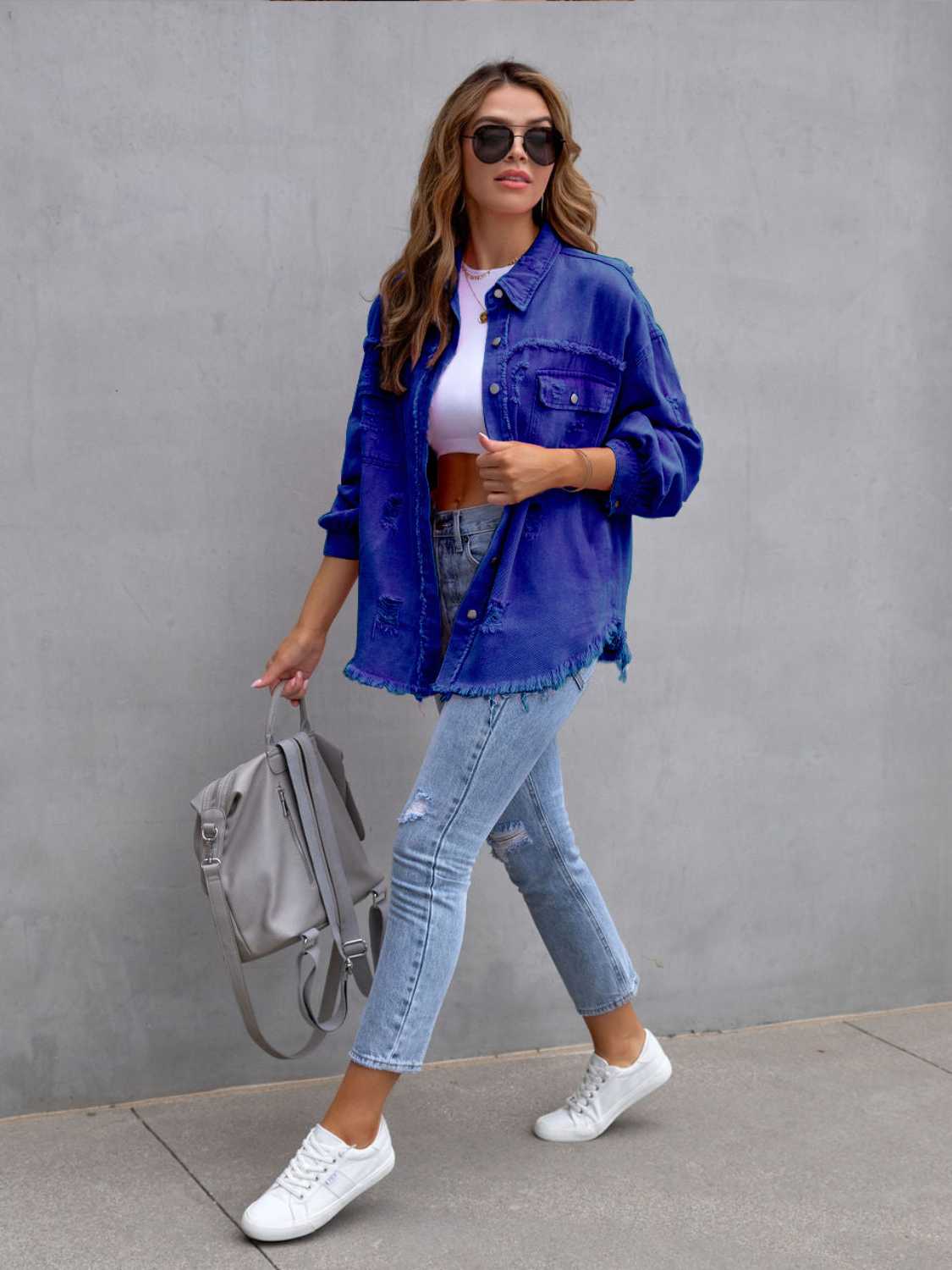 Distressed Drop Shoulder Denim Jacket Plus Size Trendsi