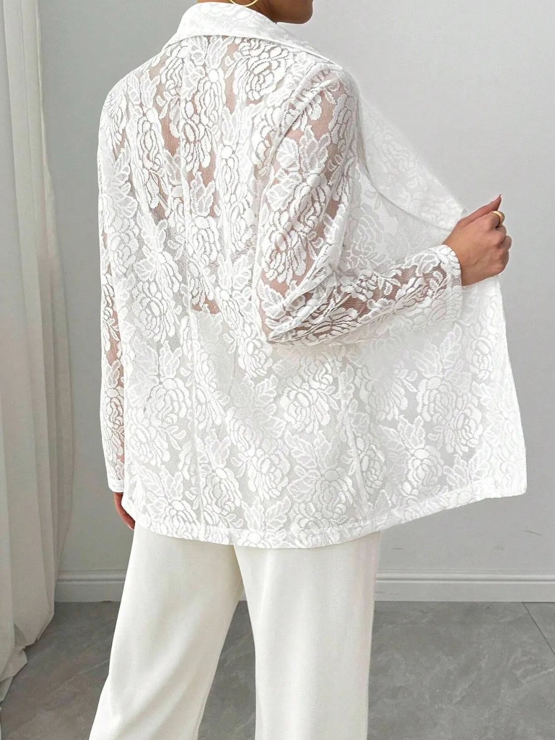Sheer White Lace Lapel Collar Long Sleeve Blazer Plus Size Trendsi