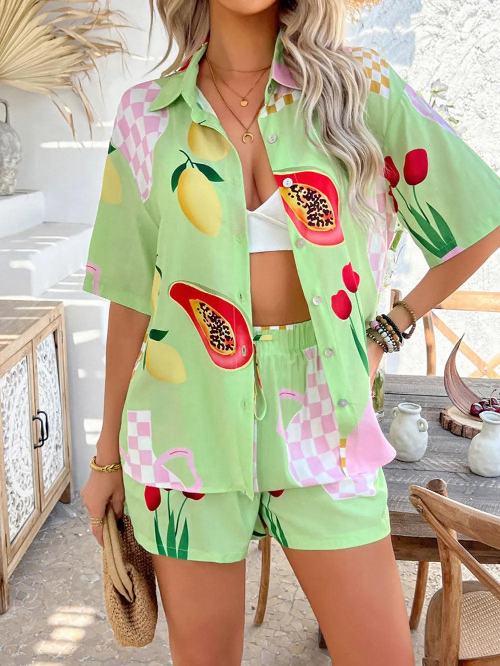 Devine Tropical Print Button-Down Shirt and Shorts Set Trendsi