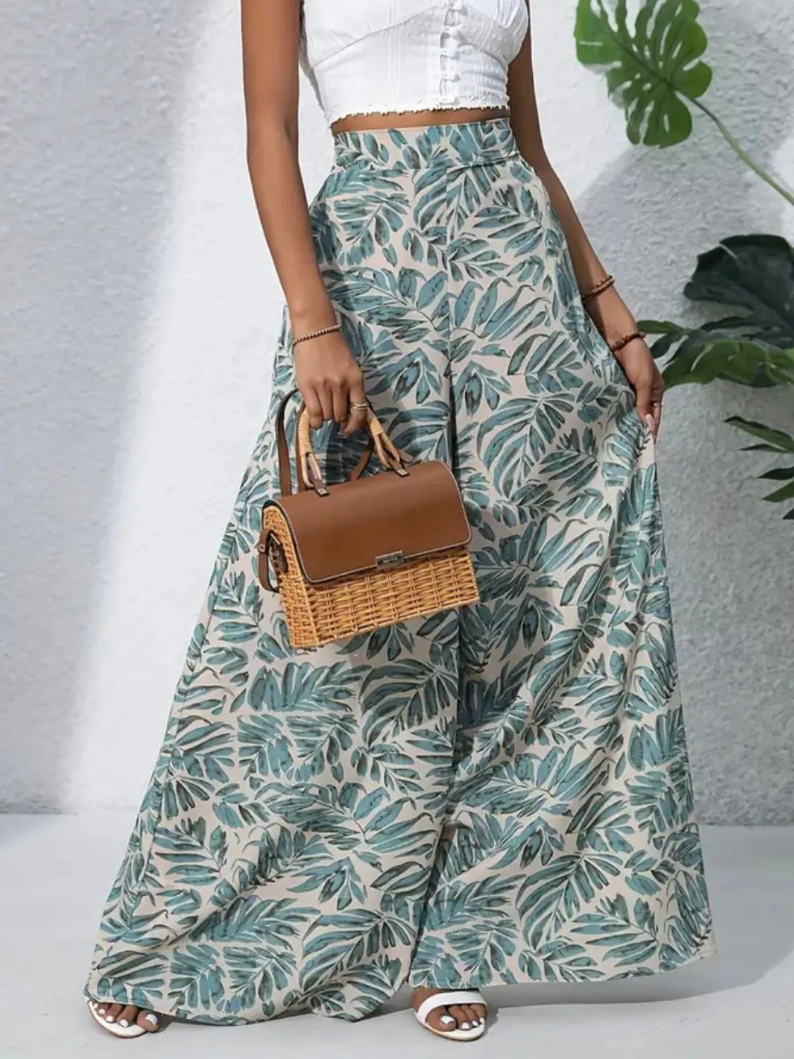 Tropical Print High Waist Wide Leg Pants Trendsi
