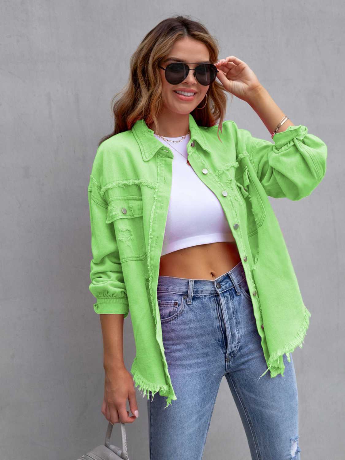 Distressed Drop Shoulder Denim Jacket Plus Size Trendsi