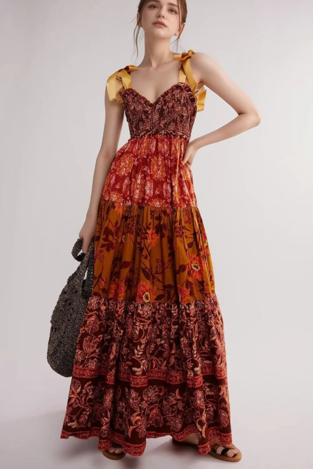 Floral Tiered Maxi Dress with Mixed Print Design Trendsi