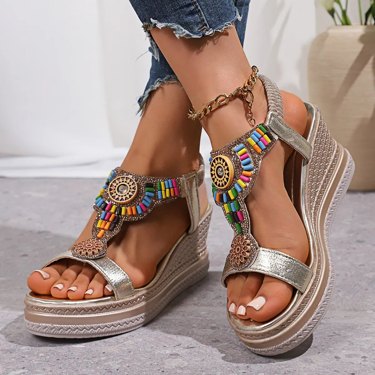 Colorful Open Toe Wedge Sandals Trendsi