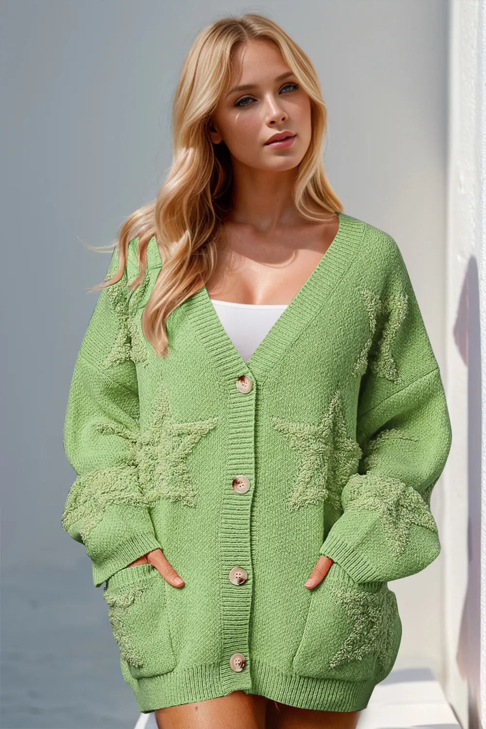 Double Take Full Size Button Up Star Pattern Cardigan DAME BOHEME