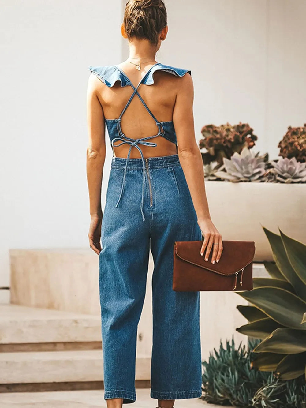 Ruffled Cris Cross Sleeveless Denim Jumpsuit Trendsi