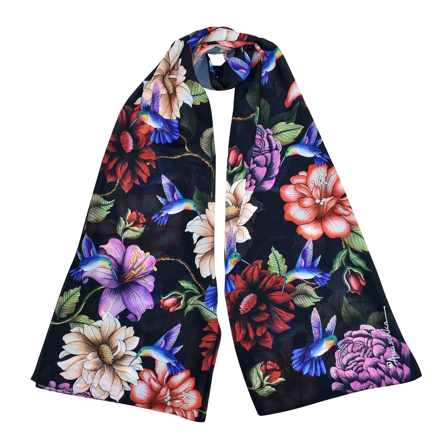 Hummingbird Heaven Floral Printed Chiffon Scarf - 3300 DAME BOHEME