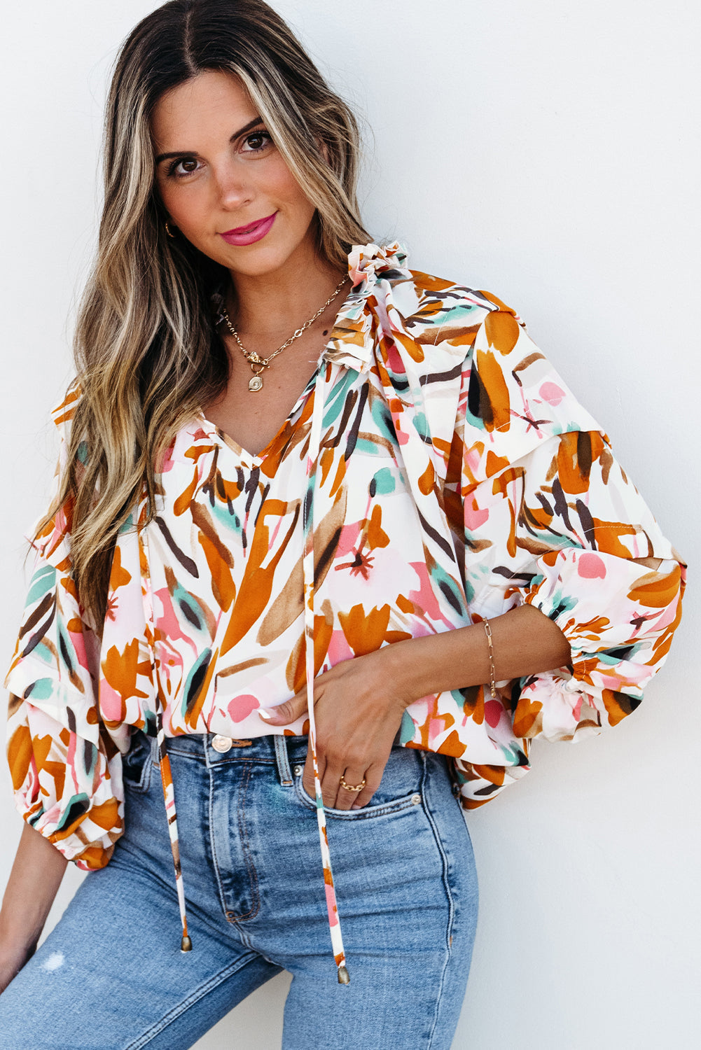 Aurelia Drawstring Frilled V Neck 3/4 Sleeve Blouse DAME BOHEME