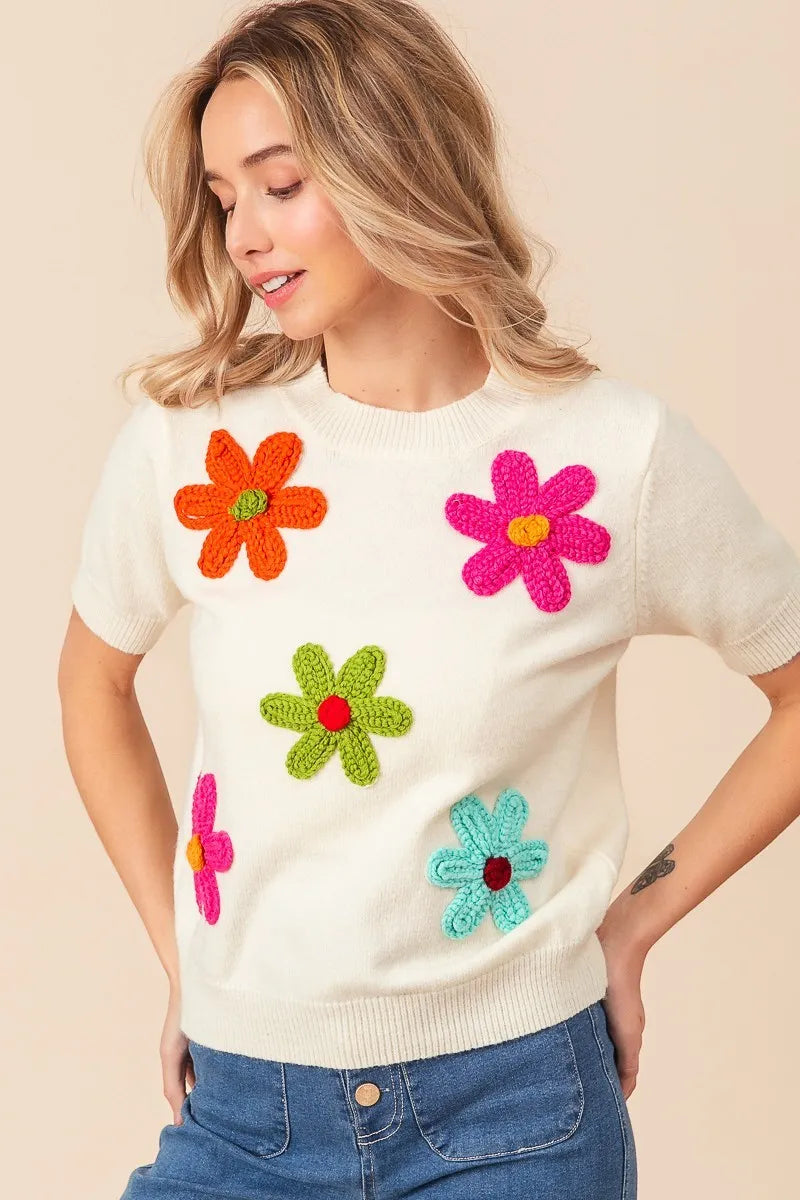 BiBi Crochet Flower Patch Sweater Top Trendsi