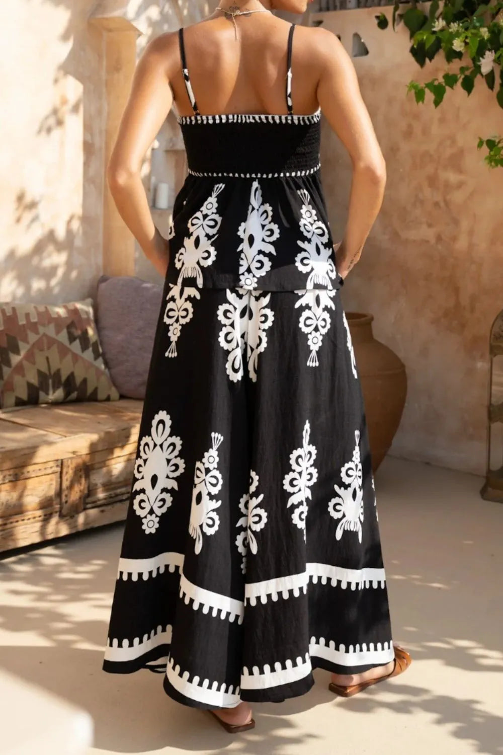 Printed Square Neck Cami and Wide Leg Pants Set Trendsi