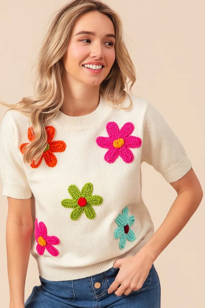 BiBi Crochet Flower Patch Sweater Top Trendsi
