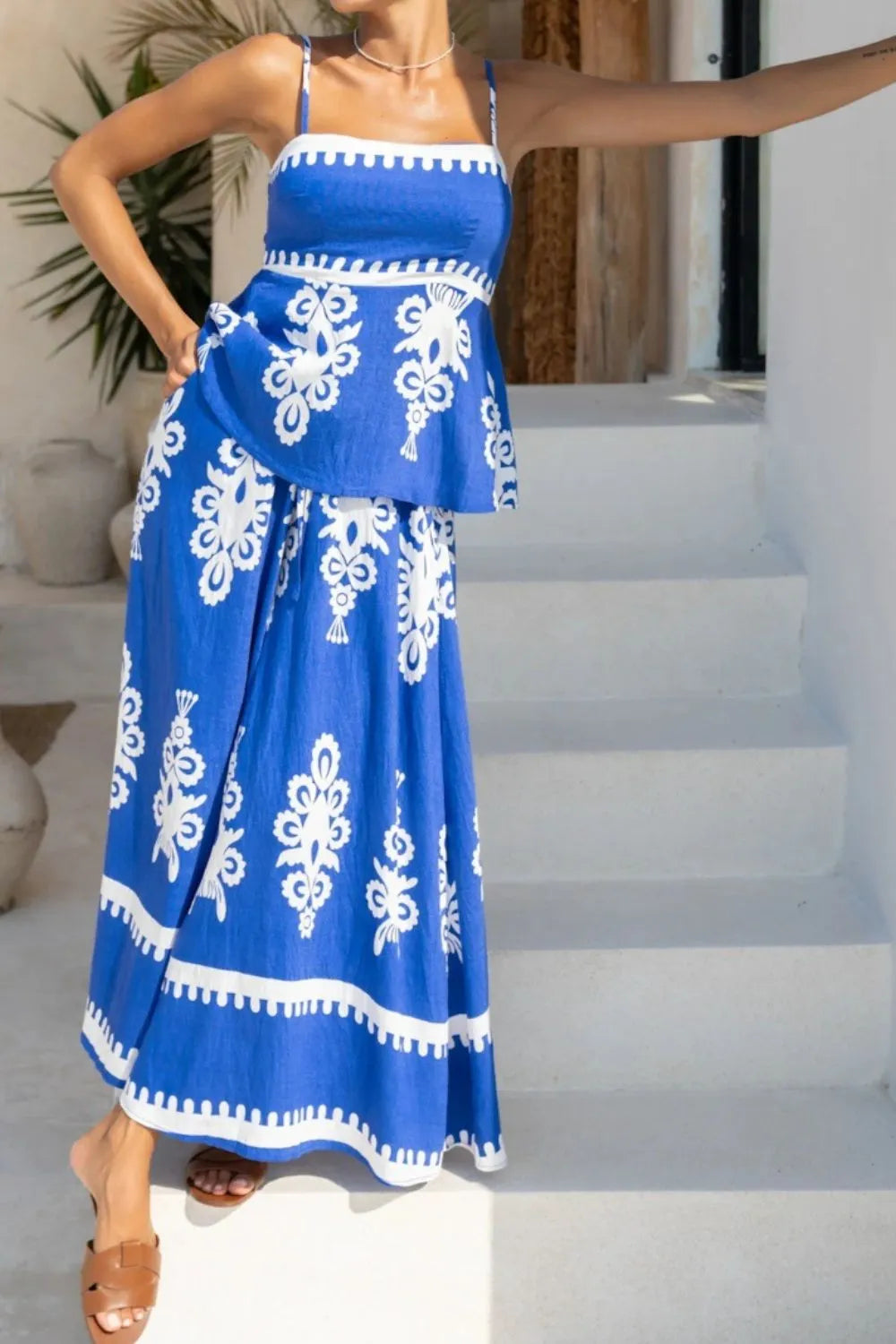 Printed Square Neck Cami and Wide Leg Pants Set Trendsi
