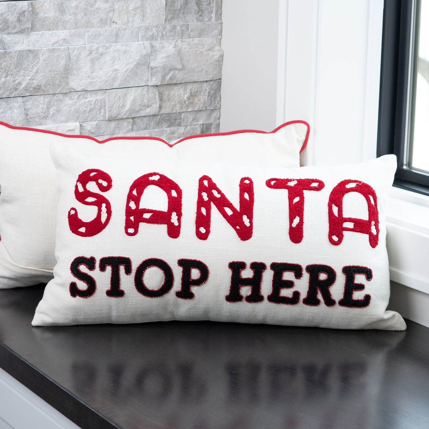Christmas 12"x22" Santa Stop Here Embroidered Holiday Lumbar Pillow DAME BOHEME