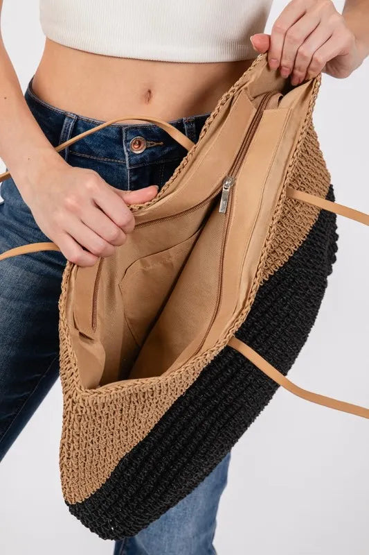 Fame Straw Braided Beach Tote Bag Trendsi