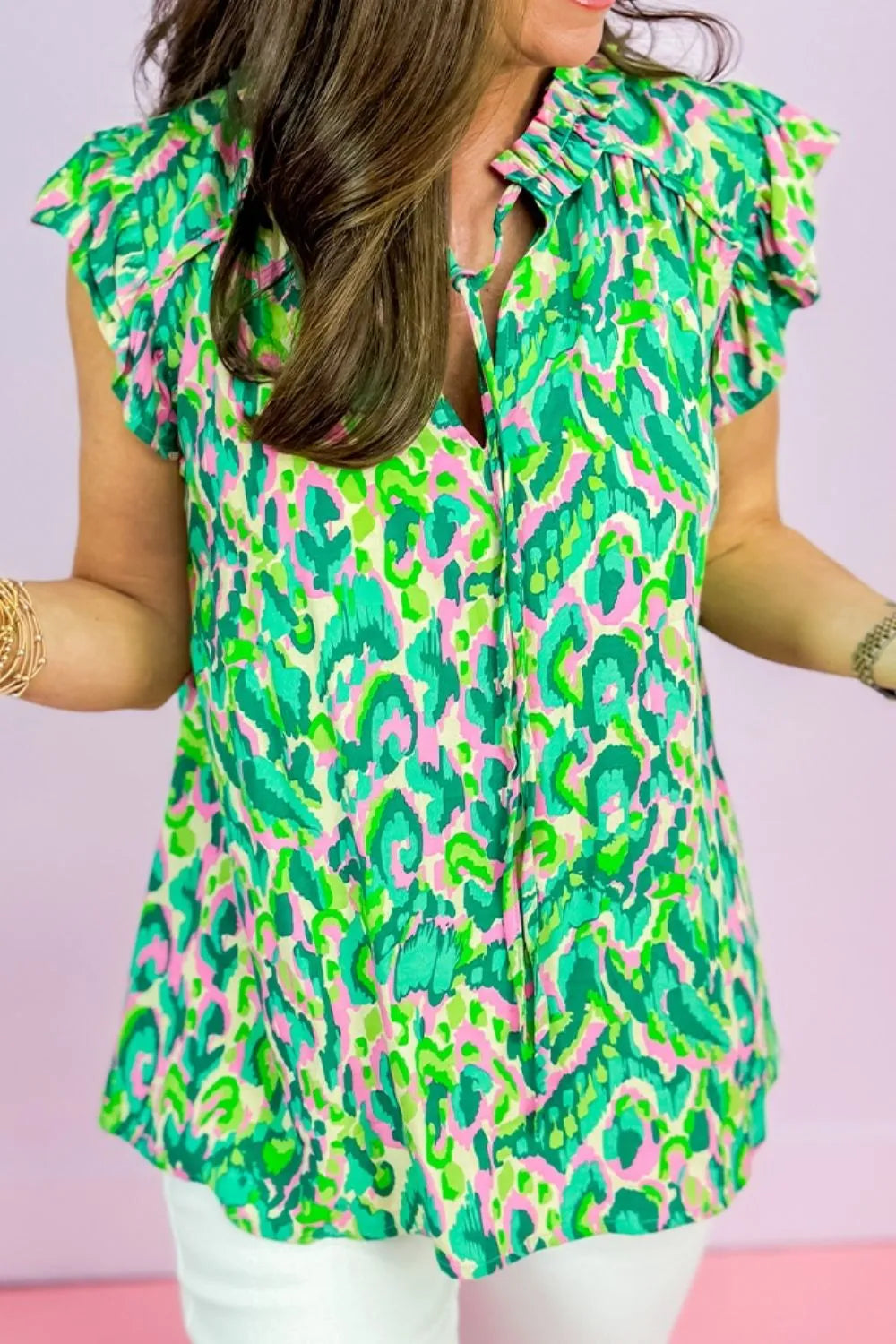 Abstract Print Ruffled Trim Tie Neck Top Simply Love