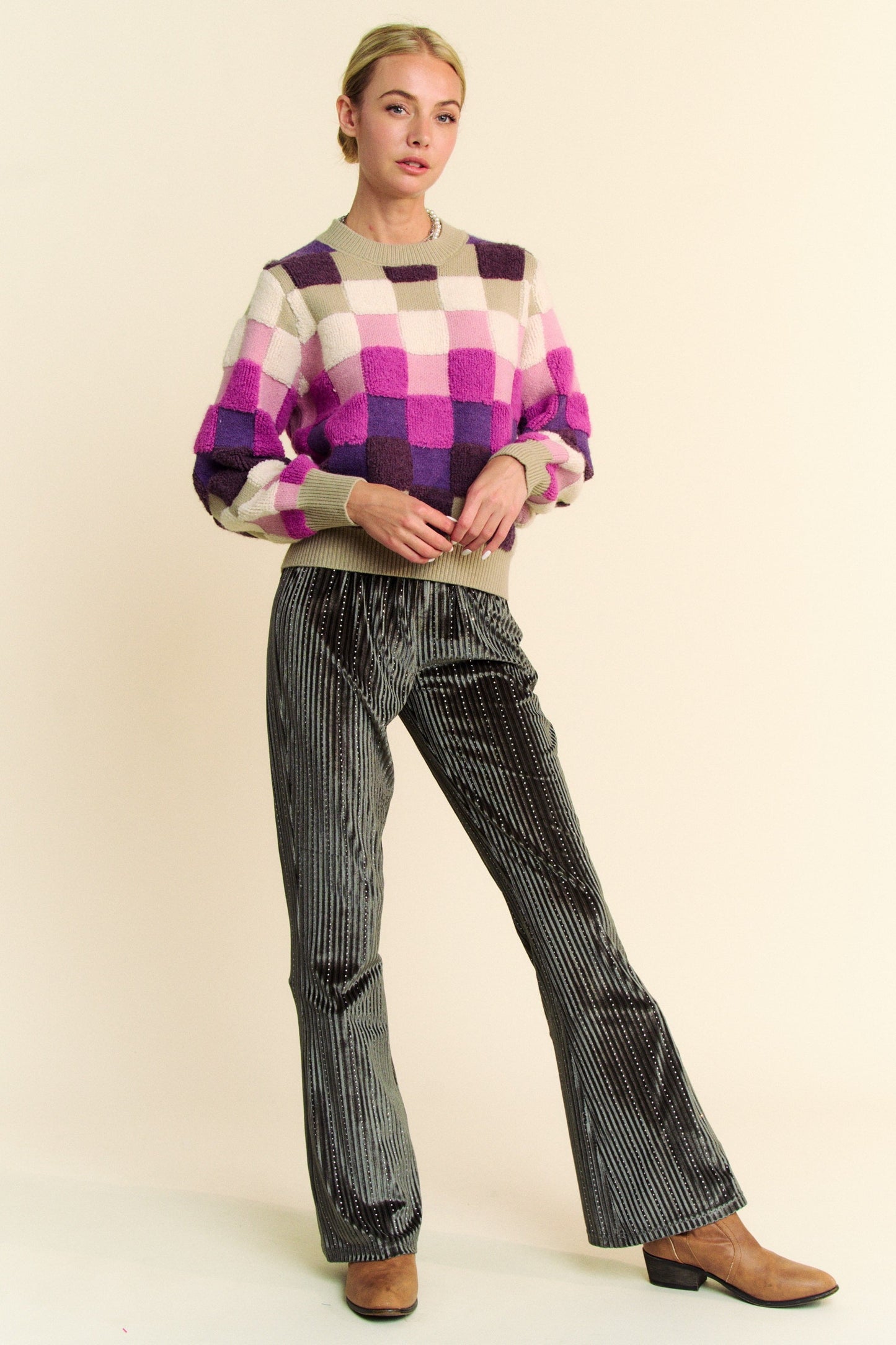 Davi & Dani Checkered Round Neck Long Sleeve Sweater Trendsi