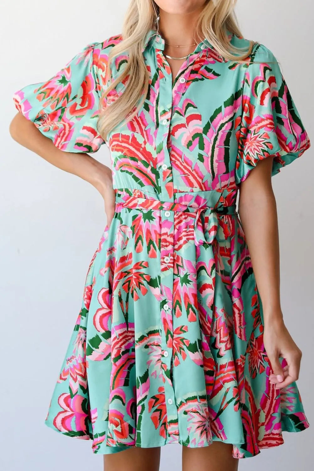 Abstract Print High Waist Buttoned Mini Shirt Dress Simply Love