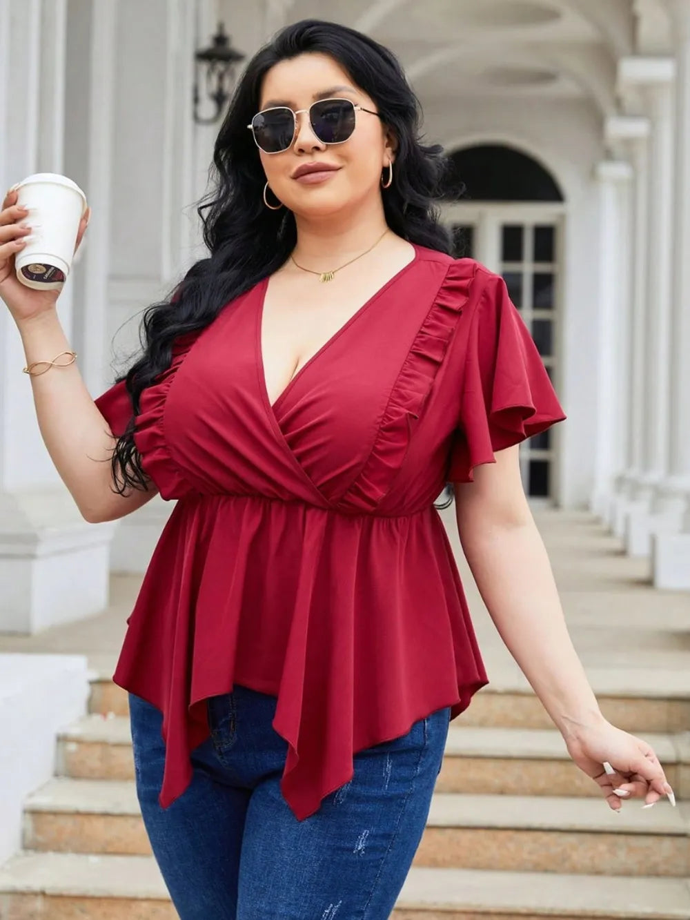 Plus Size Frill Surplice Flutter Sleeve Blouse Trendsi