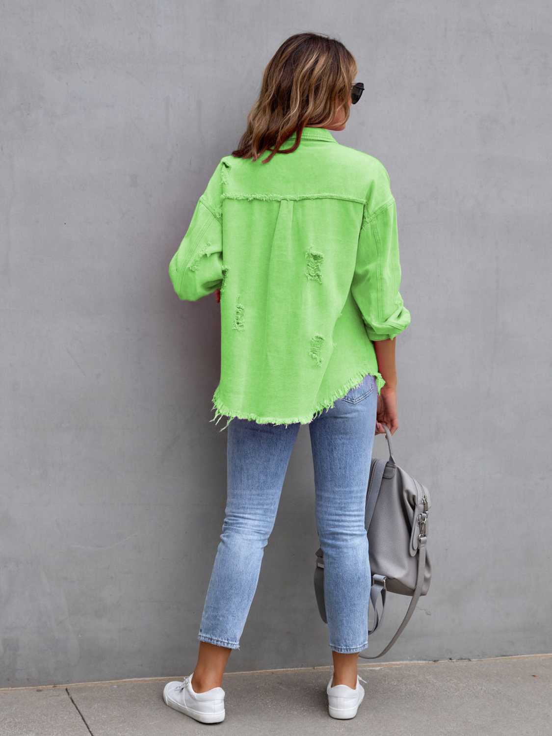 Distressed Drop Shoulder Denim Jacket Plus Size Trendsi