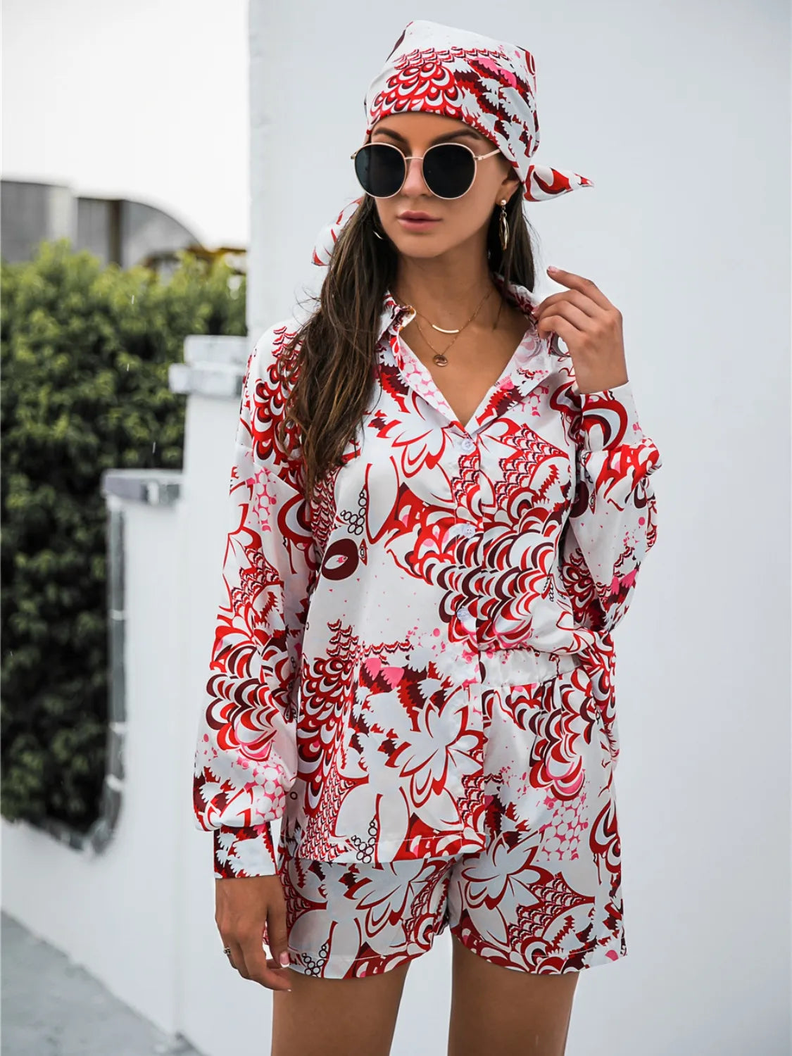 Printed Button Up Long Sleeve Shirt and Shorts 3 Pc Set Trendsi